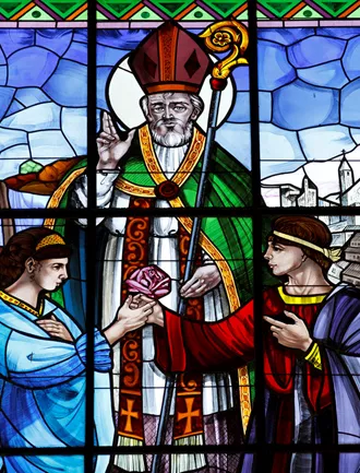 St. Valentine pictured in stained-glass window at basilica in Terni, Italy